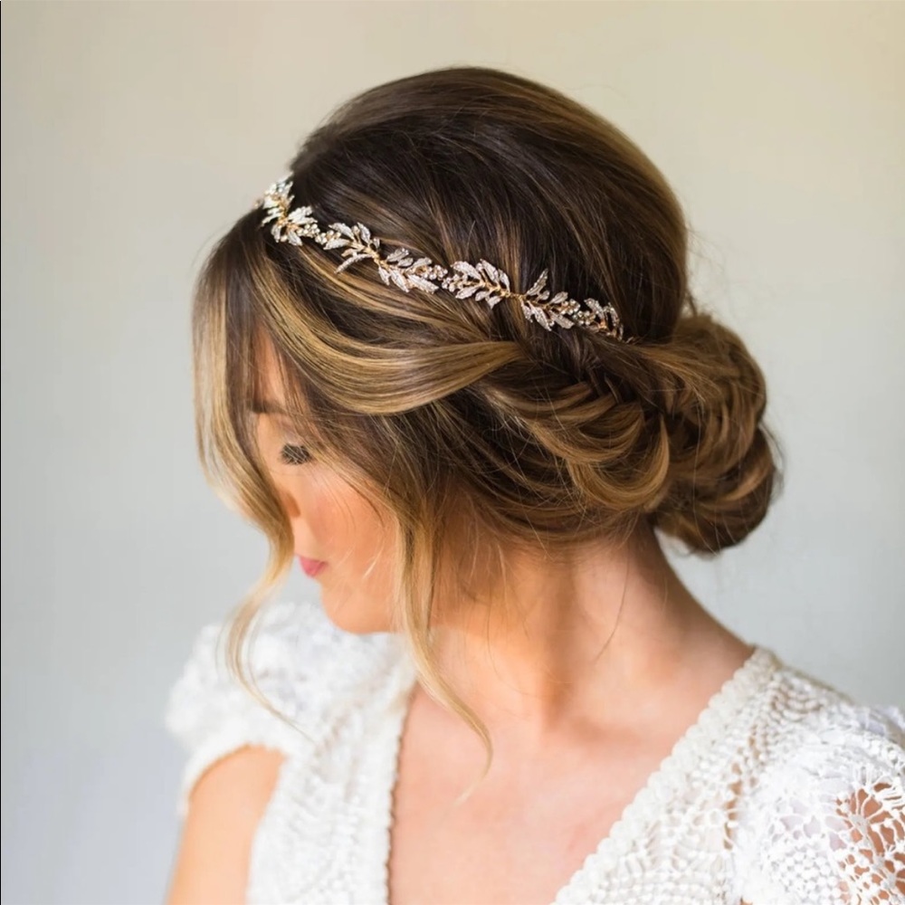 Bridal Headpiece leaf gold rhinestone hair band bride wedding bridesmaid leaves - Picture 3 of 8